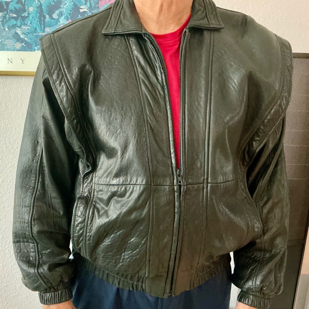 Black Leather Bomber Jacket - Great for cold weather.
